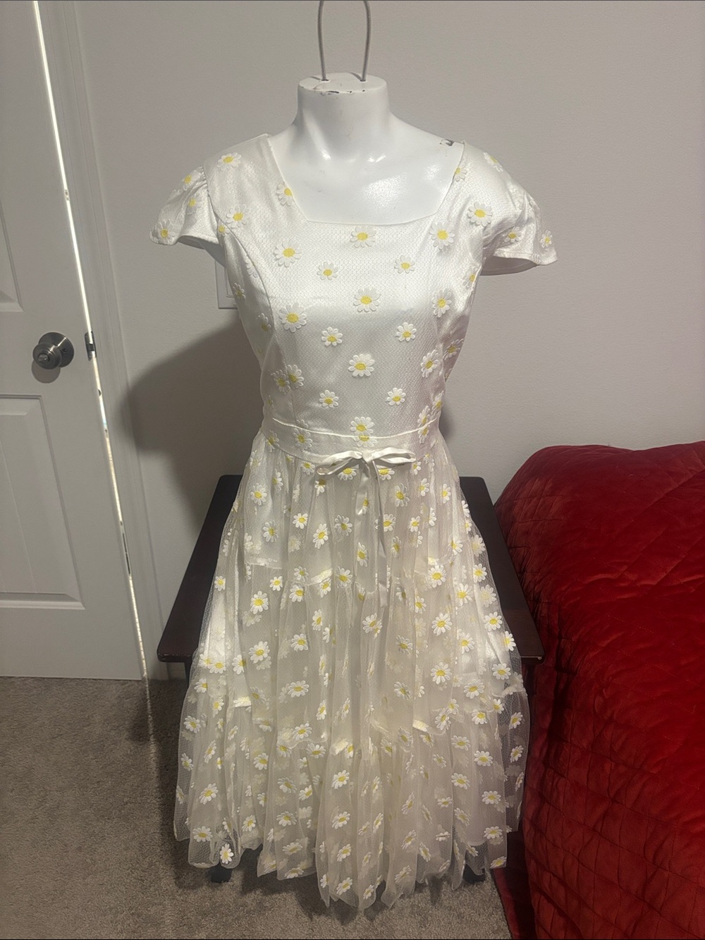 JessaKae White Maxi Dress with Yellow Daisy Appliqués
